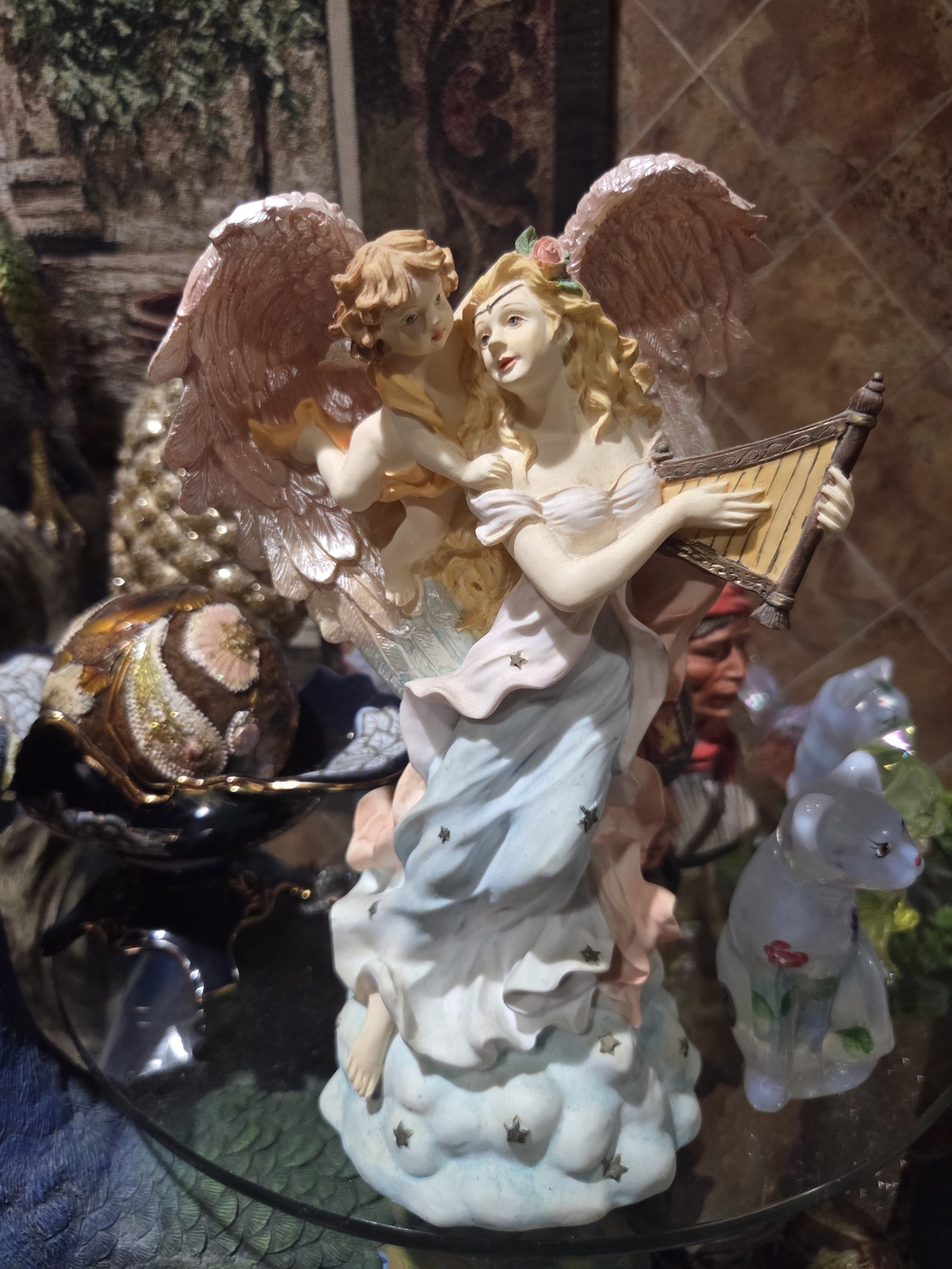Angel Harp Figurine in White & Pink